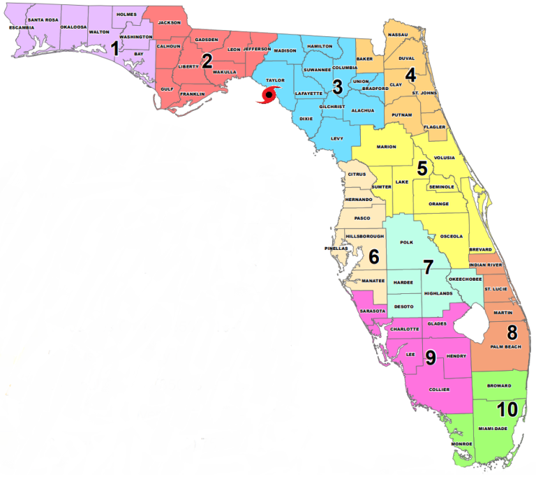 Florida DEM Emergency Management - Florida DEM Emergency Management Florida Regions Map With Idalia Landfall Symbol 768x686 